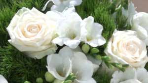 Mazzo di fiori bianco con fresie, roselline e garofano verde